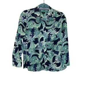 Talbots Women's Petite Small Button Up Blouse Baroque Floral Quiet Luxury Cotton